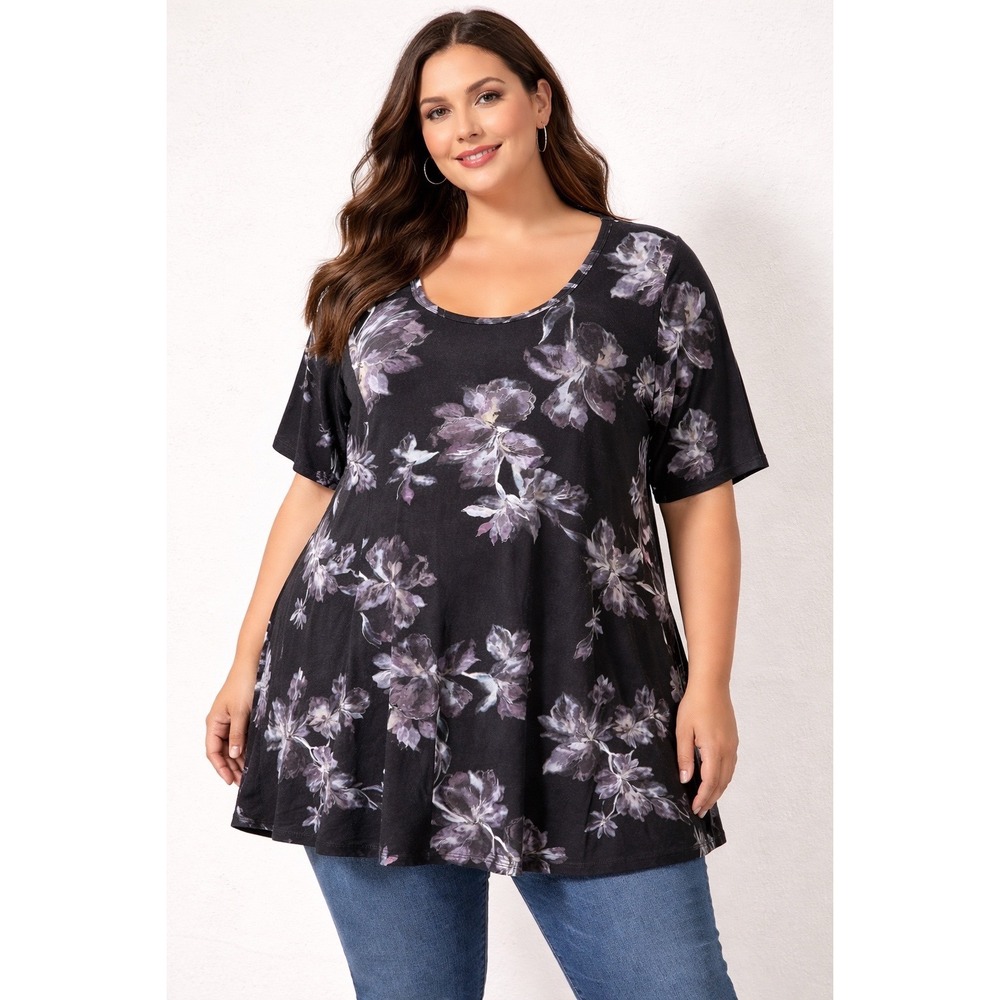 Torrid Floral Swing Tunic Women 0 14/16 Black Purple‎ Super Soft Jersey Knit